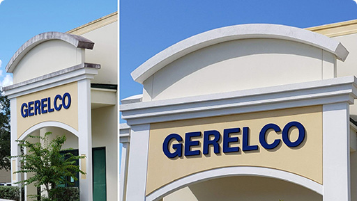 before and after photo of the arch of a Gerelco building