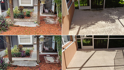 before and after photo collage of a residential sidewalk and an outdoor patio